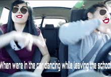 two people in a car with the words " when were in the car dancing while leaving the school " below them