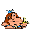 a pixel art of a monkey eating a banana on a white background .