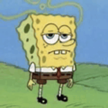 spongebob squarepants is standing in a field with his eyes closed and a sad look on his face .