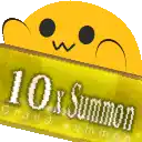 a yellow cartoon character is holding a yellow banner that says `` 10x summon '' .