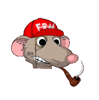 a cartoon rat wearing a red hat that says f.r.m