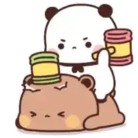 a panda bear is sitting on top of a brown bear holding cans .