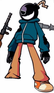 a cartoon character is holding a gun and wearing a helmet .