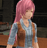 a girl with pink hair is wearing a brown vest and a blue shirt