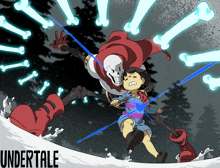 a poster for undertale shows papyrus and frisk fighting in the snow