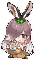 a girl with bunny ears is holding a basket full of bunny eggs