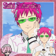 a picture of a boy with pink hair and green glasses that says ' saki saturday '