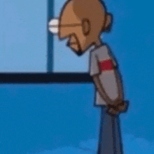 a cartoon man with glasses is standing in front of a window and looking out .