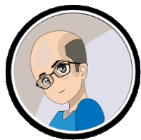 a cartoon drawing of a bald man wearing glasses and a blue shirt