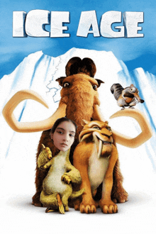 a poster for the movie ice age with animals and a woman on it