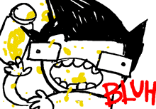 a black and white drawing of a man with yellow spots on his face and the word bluh in red