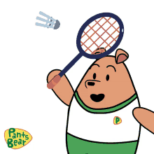 a pants bear cartoon character is holding a badminton racket over his head