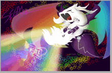 a drawing of a dragon with a rainbow background and the word " sage "