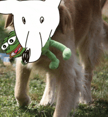 a drawing of a dog holding a stuffed frog