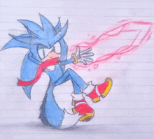 a drawing of sonic the hedgehog with a red lightning bolt coming out of his hand