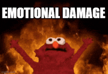 elmo is on fire with the words " emotional damage " below him