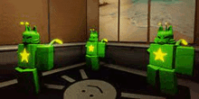 a group of green robots standing next to each other in a room with a smiley face .