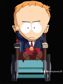 a cartoon of a man in a suit and tie sitting in a wheelchair with a smiley face on his lap