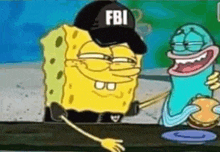 a cartoon of spongebob wearing a fbi hat and holding a sandwich .