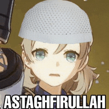 a cartoon character wearing a white hat with the words astaghfirullah on it