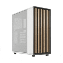 a white computer case with a wooden grille on the front