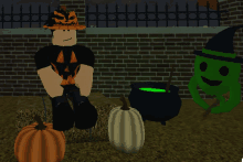 a person wearing a pumpkin hat sits next to a cauldron