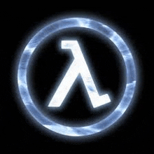 a white lambda symbol in a blue circle on a black background