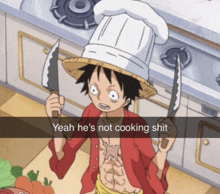 monkey d luffy from one piece is holding two knives and wearing a chef hat