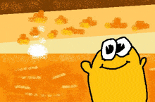 a pixel art drawing of a yellow cartoon character looking at the sun .