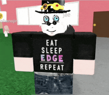 a roblox character wearing a black shirt that says eat sleep edge repeat