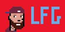 a pixel art of a man with a beard and the word lfg on a red background