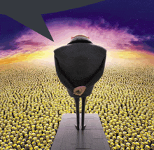 a cartoon character stands in front of a field of yellow minions