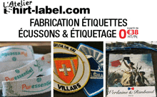 a collage of various embroidered patches with the website l' atelier shirt-label.com at the top