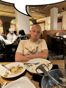 a man sitting at a table with plates of food and a speech bubble above him