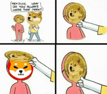 a cartoon of a man wearing a mask with a doge coin on it