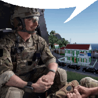 a man in a military uniform is sitting in front of a green house