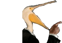 a man in a suit is pointing at a bird with a very long beak