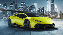 a yellow lamborghini is parked in front of a city skyline at night