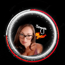 a woman with glasses is in a circle with the name sonya on it