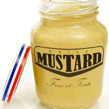 a jar of mustard with the lid opened