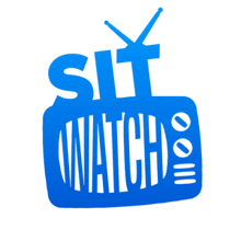 a blue logo for sit watch.com with a tv in the background