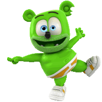 a green gummy bear with blue eyes is wearing white and orange shorts