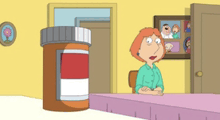 a cartoon woman sits at a table with a large bottle of pills in the background