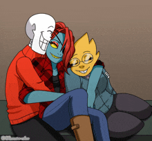 a drawing of a skeleton hugging a woman and a yellow character with glasses