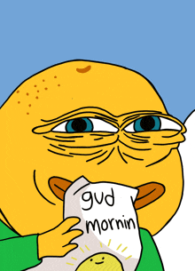 a cartoon character holding a piece of paper that says " gud mornin "