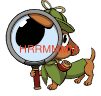 a cartoon dog looking through a magnifying glass with the word hrrmmm on it