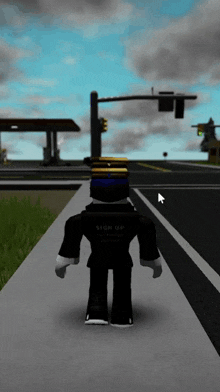 a roblox character walking down a sidewalk with a sign up button on the back of his shirt