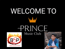 a welcome to prince music club poster with a picture of a young man