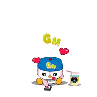 a cartoon penguin wearing a blue hat with the letter gm on it
