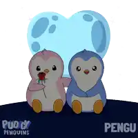 two penguins are sitting next to each other with a heart in the background and the name pengu on the bottom